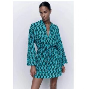 Zara Shirt Dress The Reese Cotton Black Blue Geometric Print Tie Belt Beach